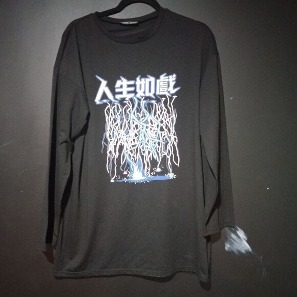 Chinese Letter And Lightning Print Long Sleeve Shirt - Picture 1 of 5